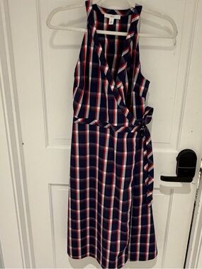 Navy Plaid Wrap Midi Dress - Sleeveless